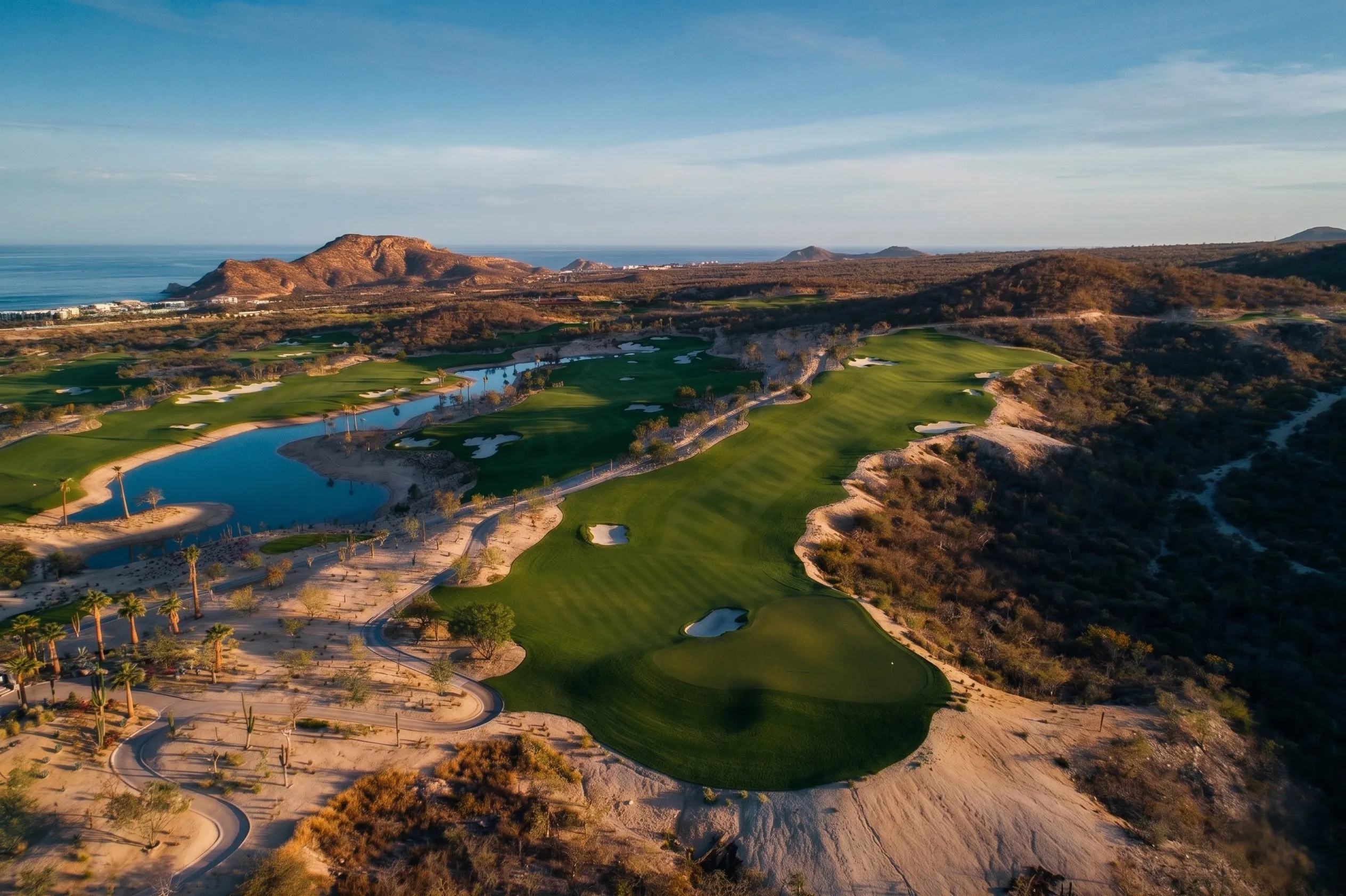 Immaculately manicured desert-meets-ocean fairway at the private 18-hole Tom Fazio Signature golf course in Chileno Bay.