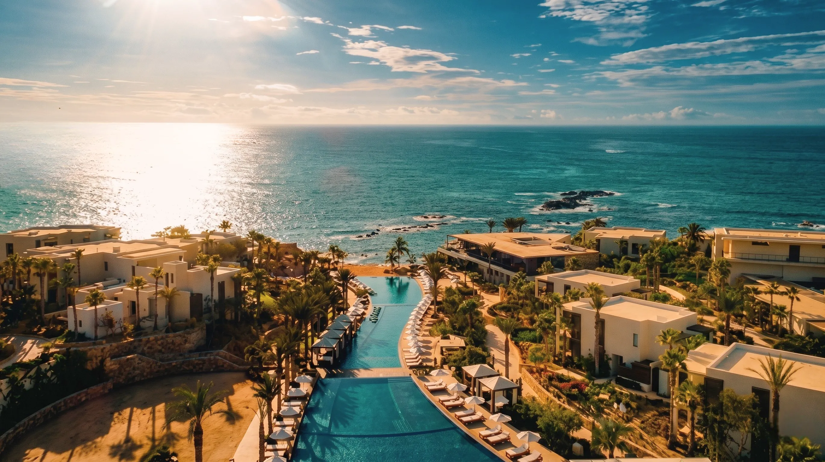 Contemporary open-air resort spaces, luxury infinity pools, and beachfront relaxation areas at Chileno Bay Residences.