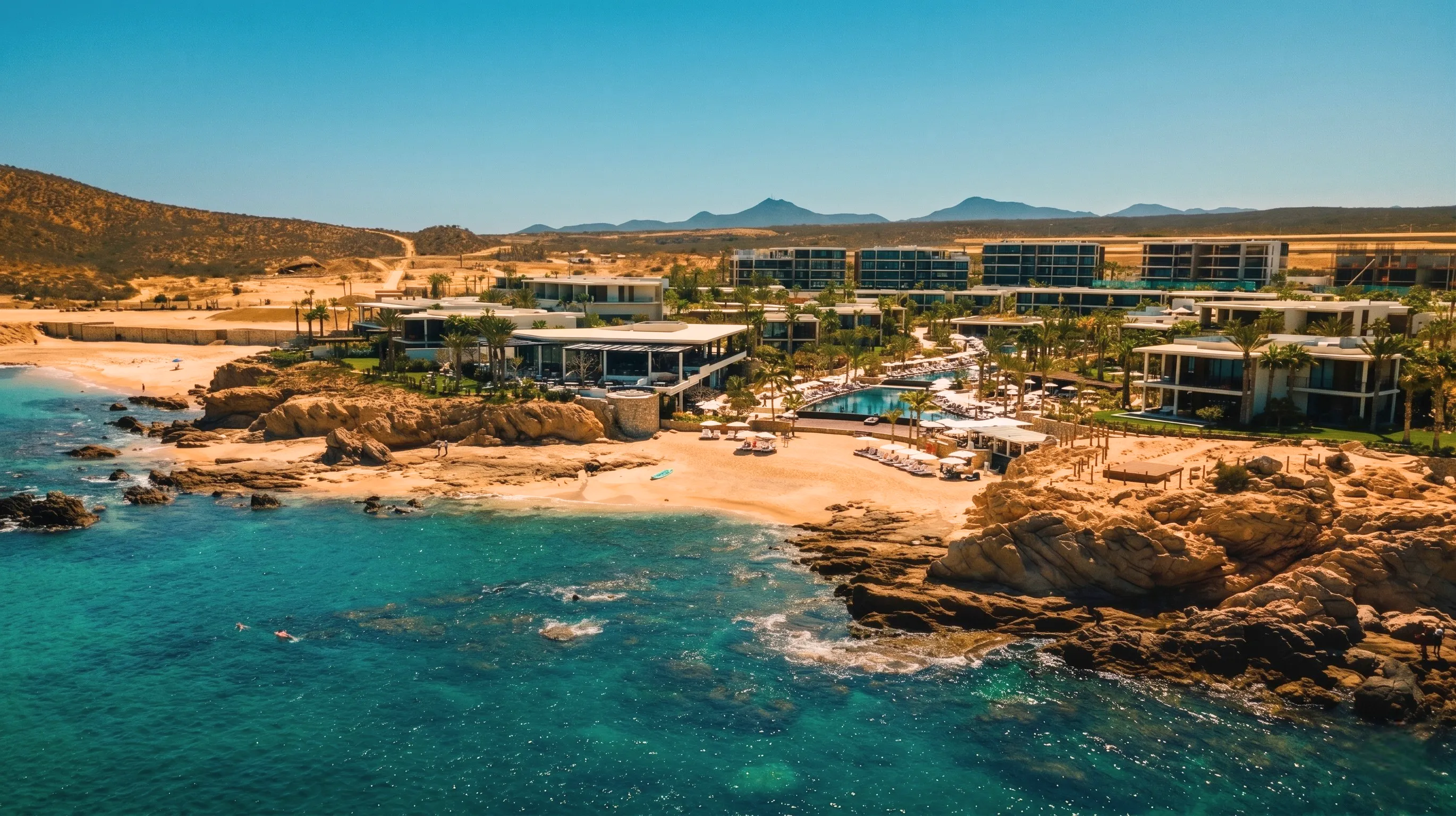 Spectacular high-altitude aerial view of the ultra-exclusive Chileno Bay Resort & Residences and its front-row oceanfront villas.