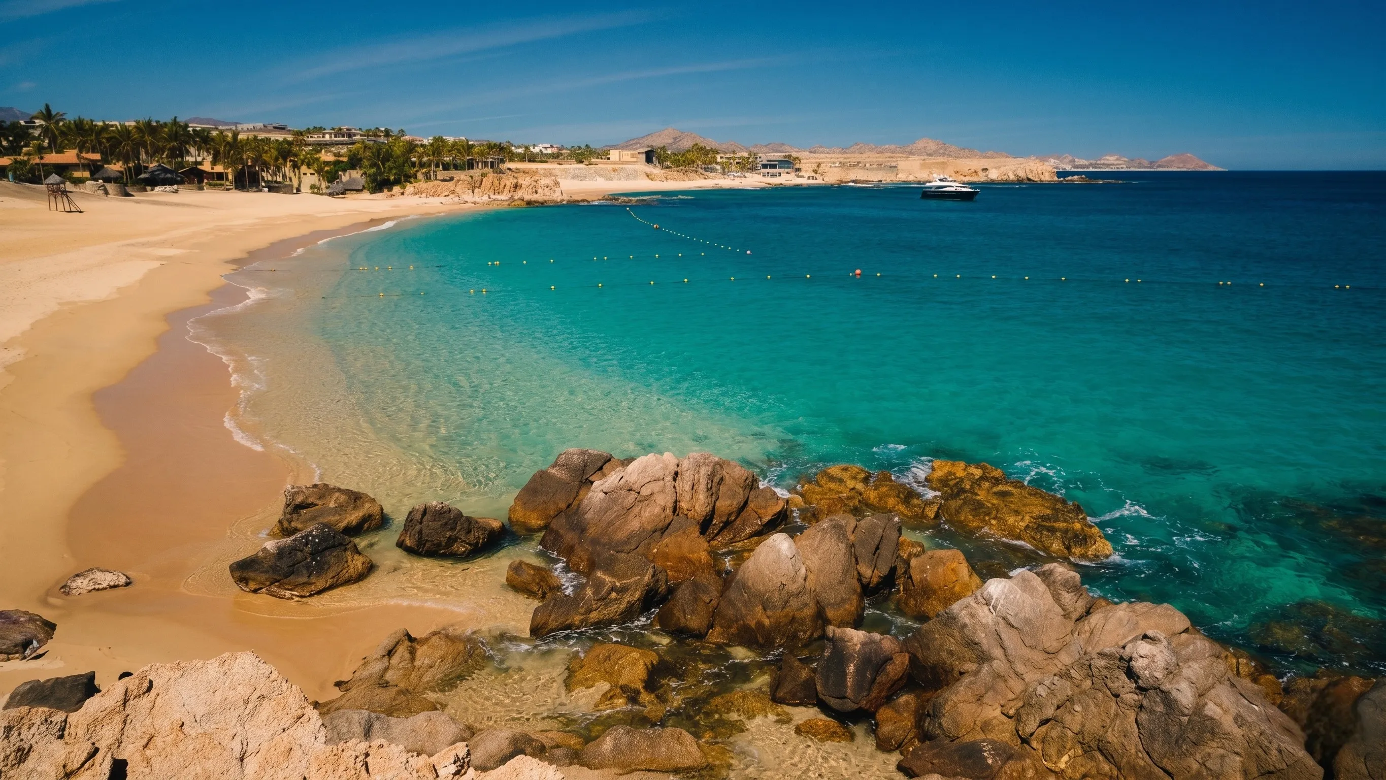 Pristine golden sands and calm, crystal-clear swimmable waters at the famous Blue Flag Certified Chileno Beach.