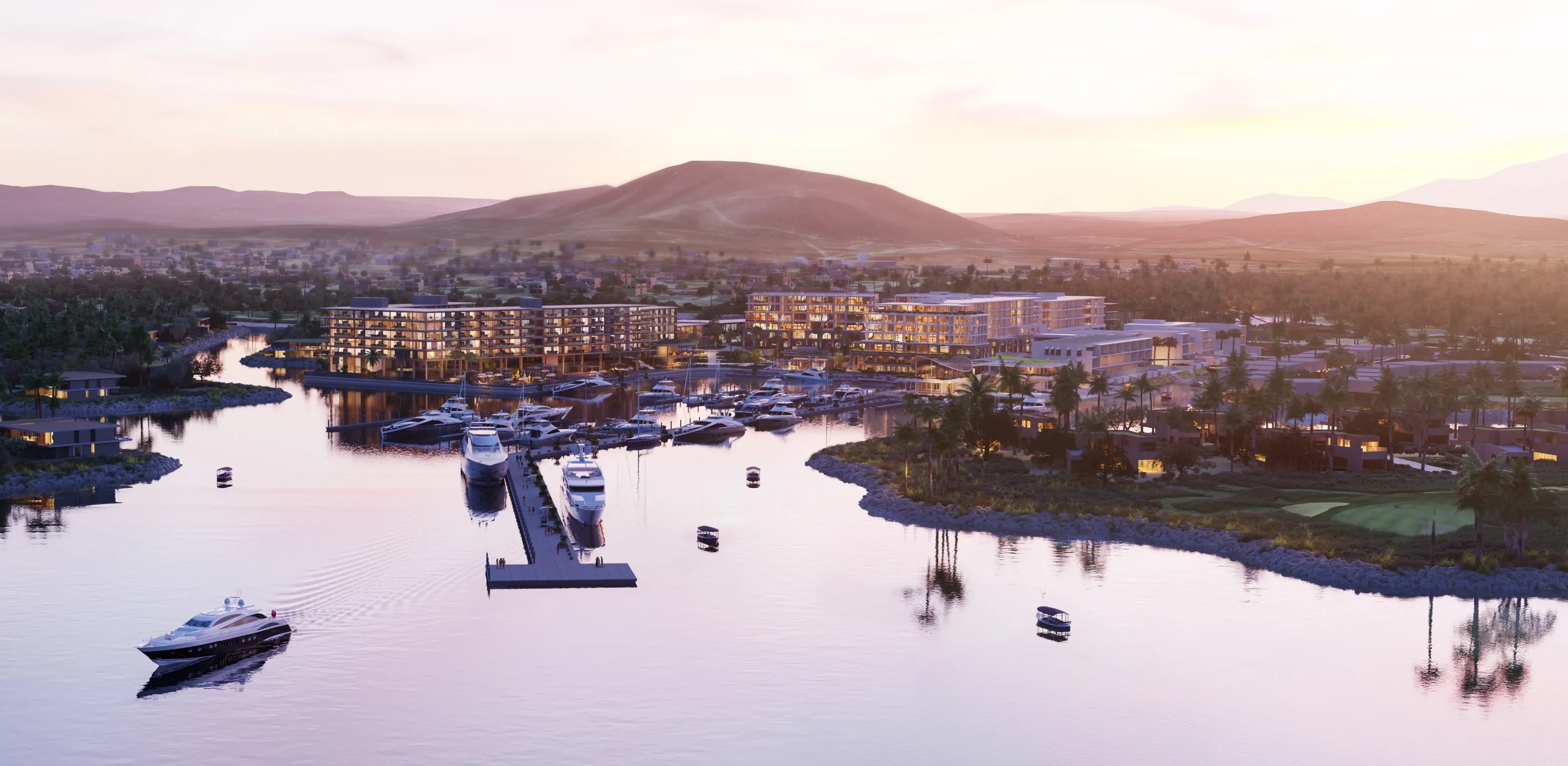 Charming waterfront view of the exclusive Marina Village at Costa Palmas, highlighting luxury boutique shops, fine dining, and calm yacht harbor walks.