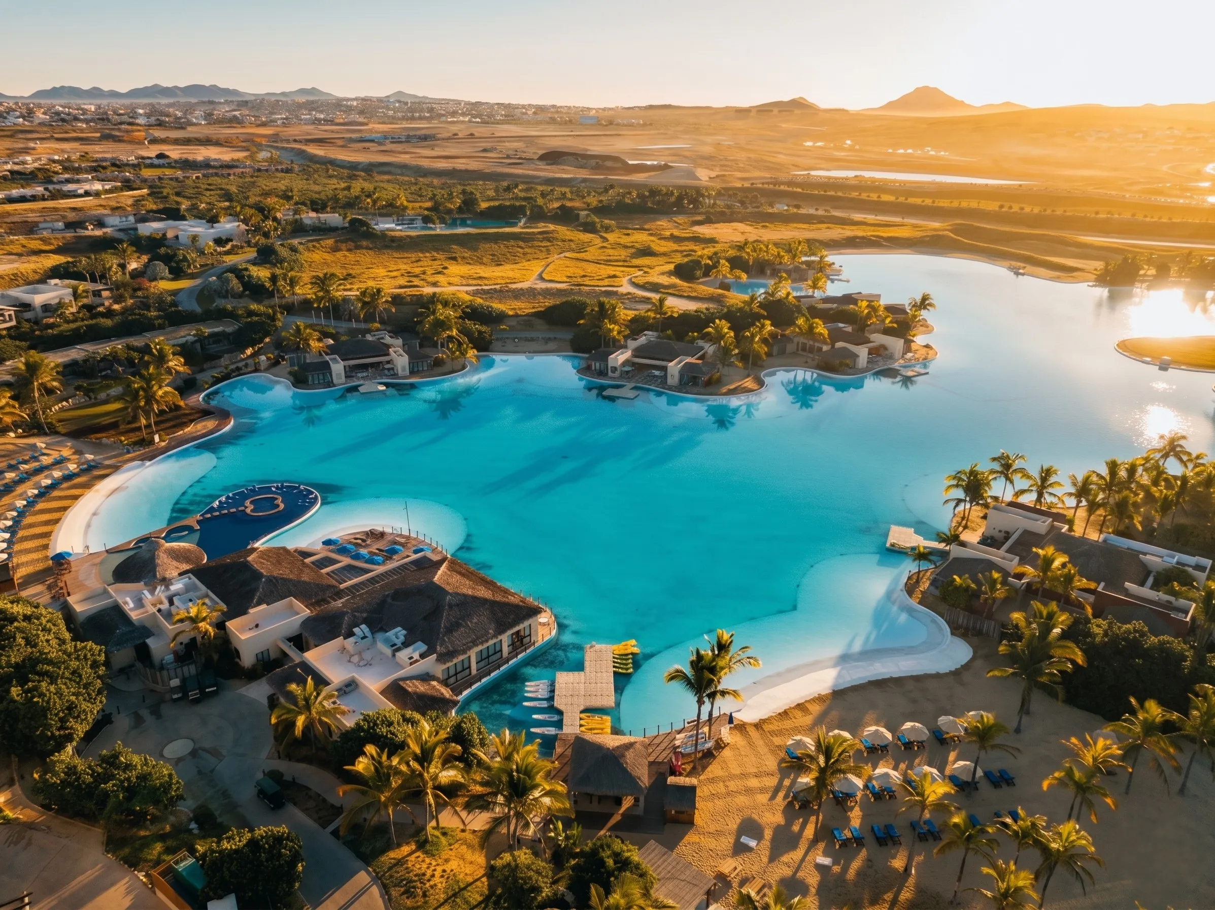Spectacular overhead aerial view of the iconic 10-acre Crystal Lagoon luxury amenity at Diamante community in Cabo San Lucas, showcasing private white sand beaches.