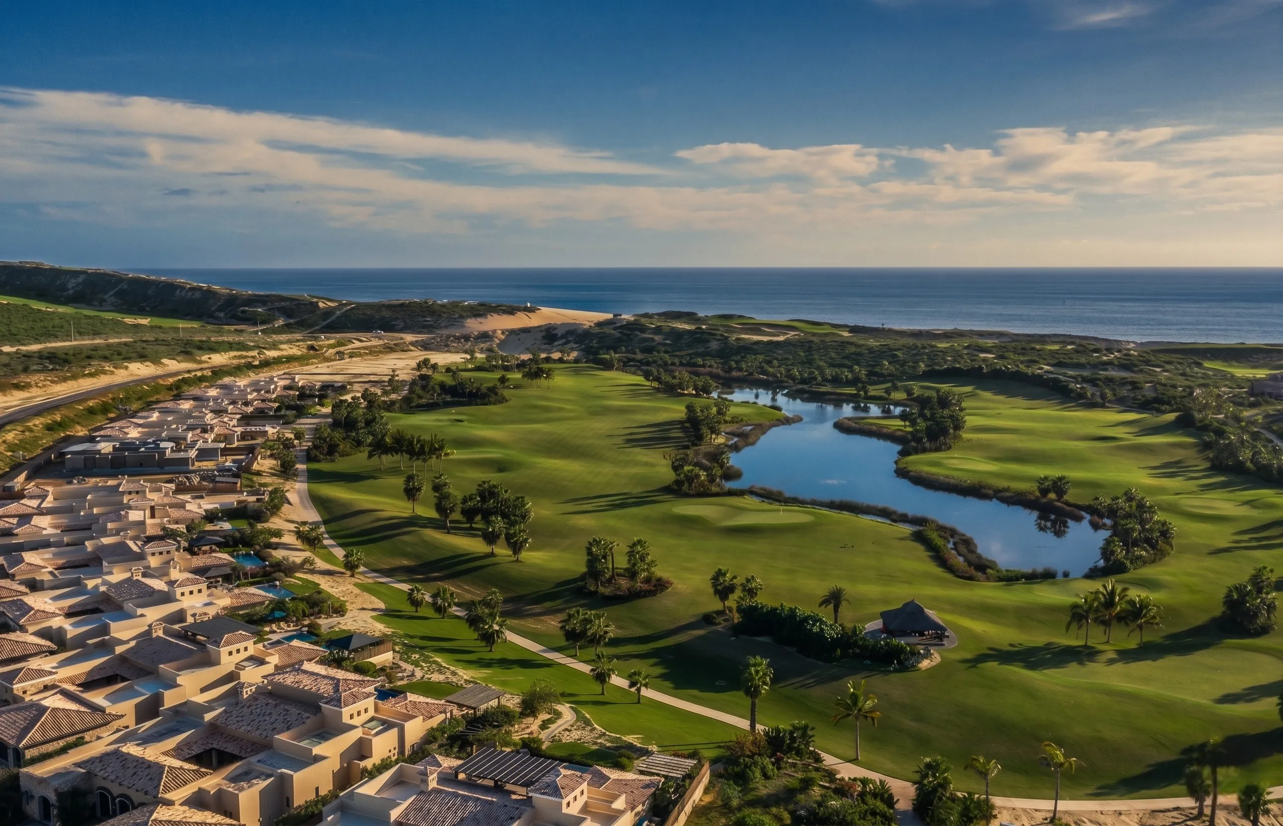 Scenic aerial perspective of El Cardonal golf course designed by Tiger Woods, highlighting the lush fairways, strategic lake, and luxury real estate at Diamante Cabo.