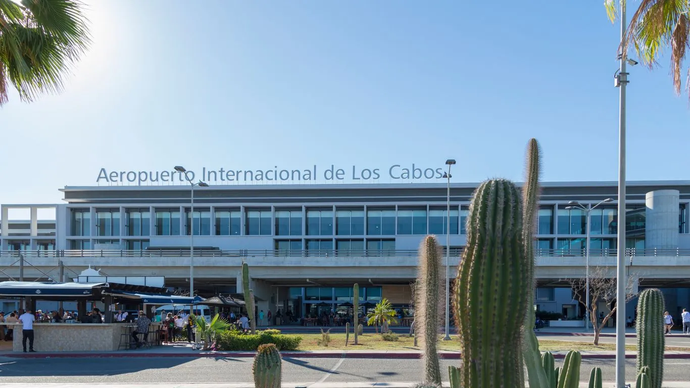 Exterior clear daytime view of the main terminal building at Los Cabos International Airport (SJD) in Mexico.