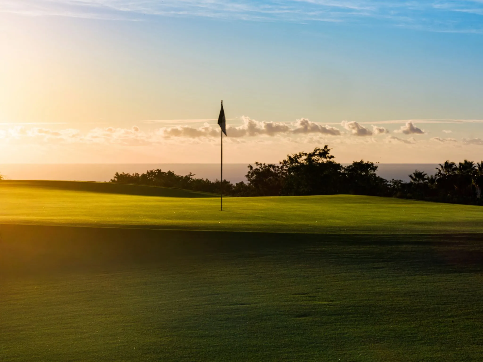 Impeccably manicured golf course green at Querencia featuring strategic sand bunkers, native desert cacti, and a distant ocean horizon backdrop.