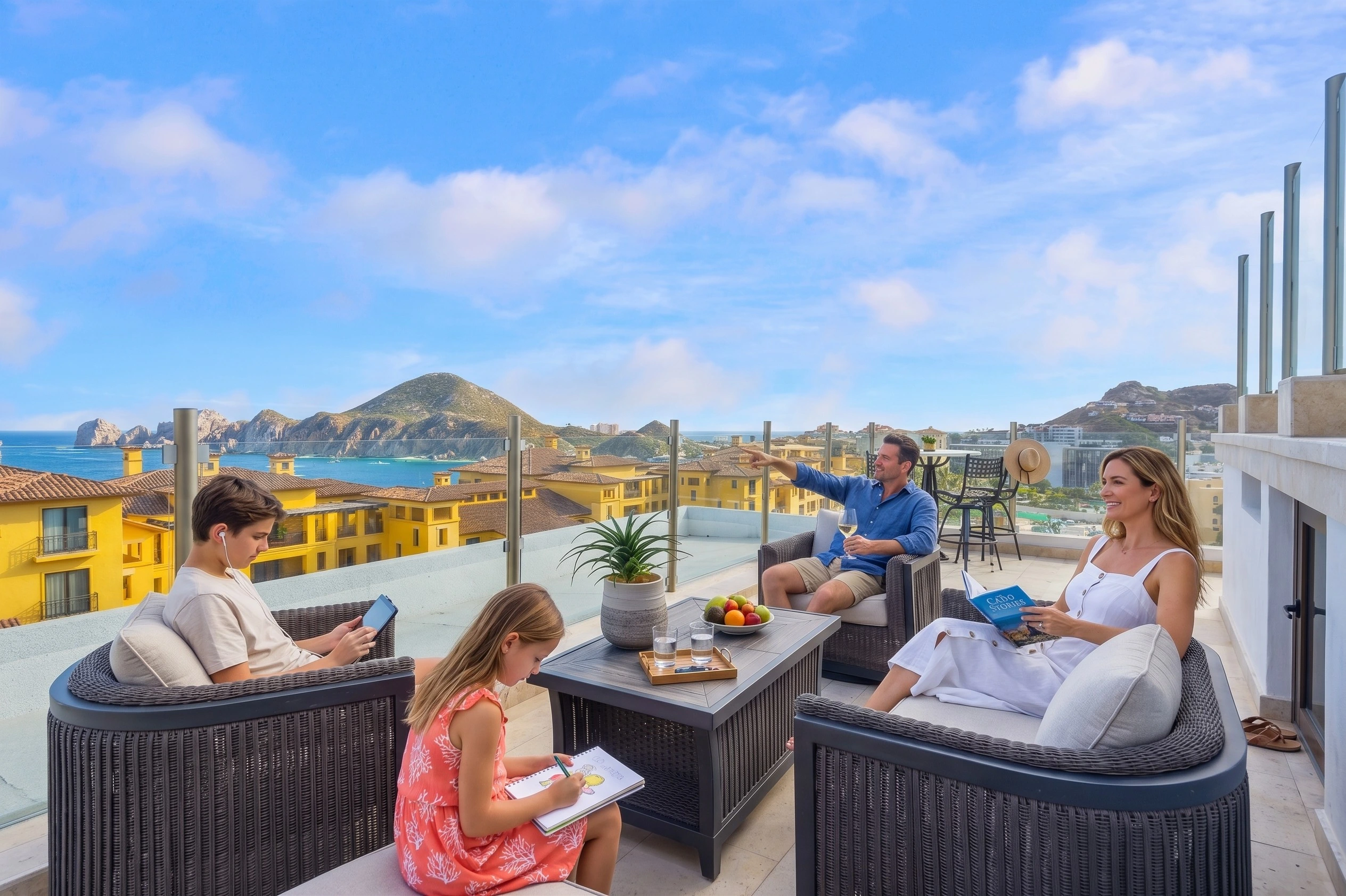 Foreign family enjoying a luxury condo terrace with ocean views in Los Cabos
