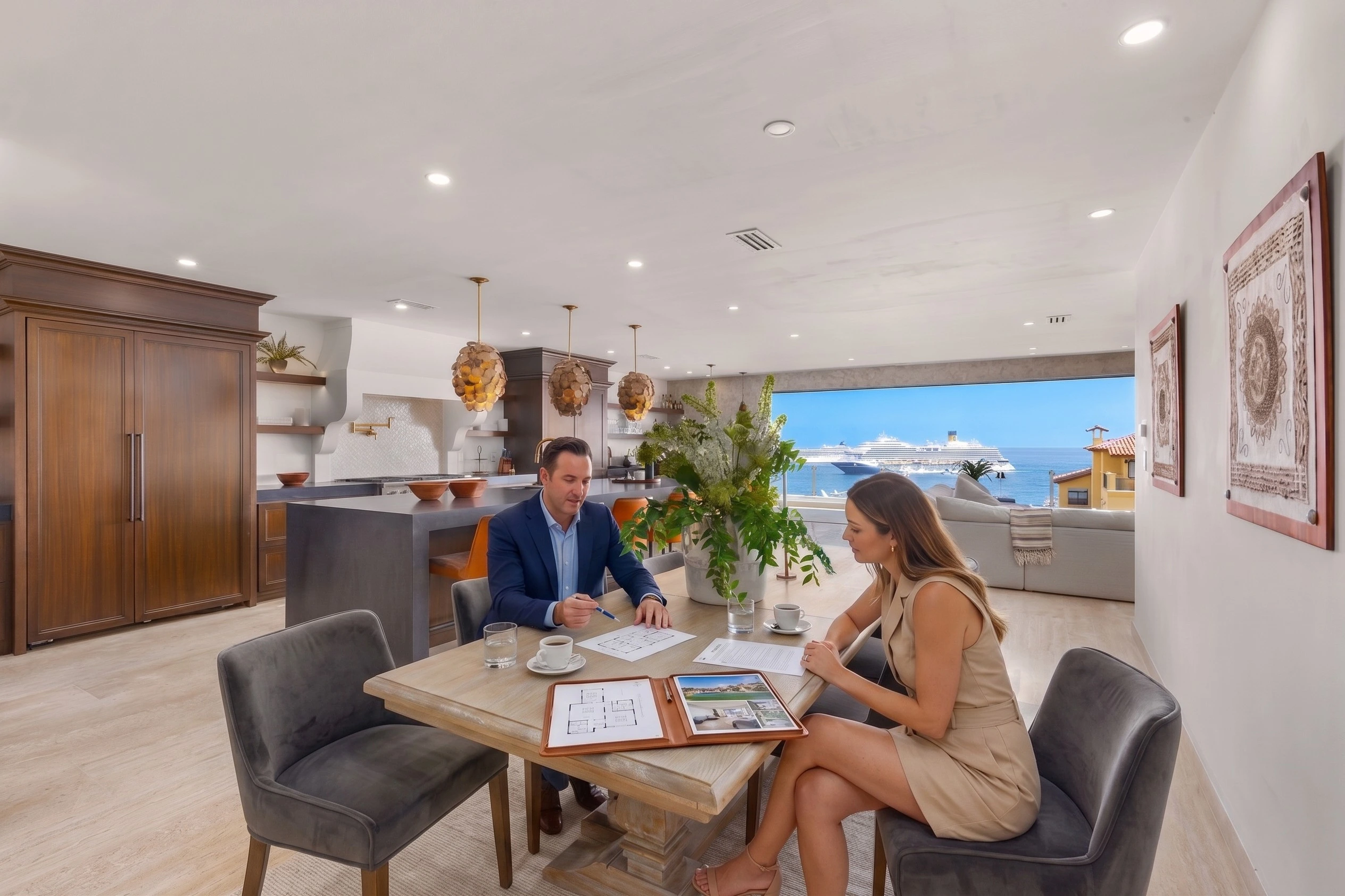 Real estate advisor reviewing closing documents with a buyer in a luxury Los Cabos condo